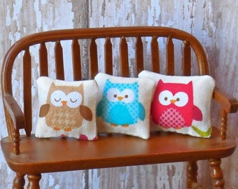 Dollhouse Miniature Decorator Pillow Set of Three "Hootie & Friends" - 1:12 scale
