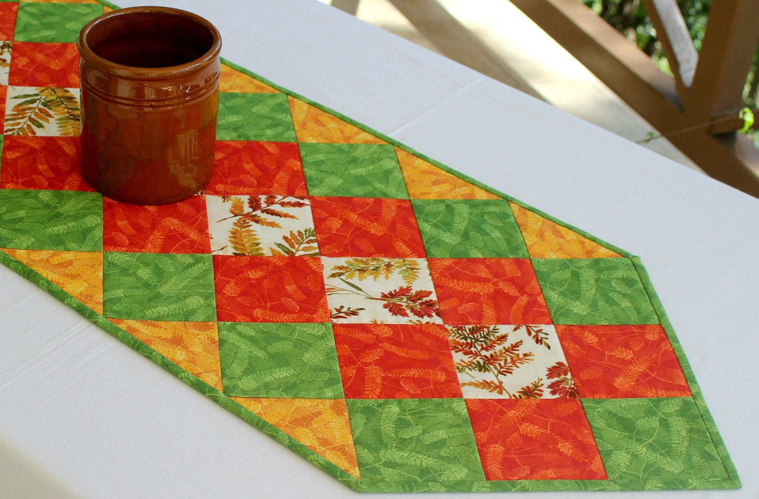 Quilted Table Topper Fall Table Runner Quilted Autumn Topper Green Orange Leaves Quilt Quiltsy Handmade