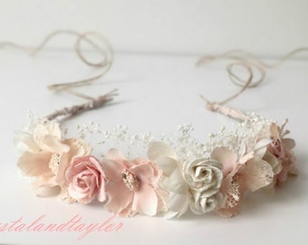 Pale Pink and Ivory Halo, Flower Halo, Pink Headband, Flower Girl Halo, Baby Tieback, Newborn Headband, Pale Pink Tiara, Girl Tiara