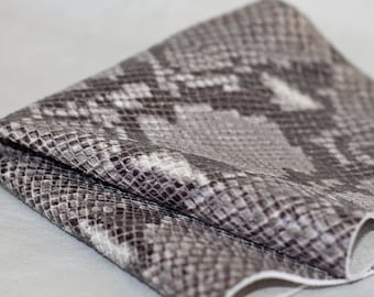 Python Print Genuine Leather, Snakeskin Print Leather, Reptile Embossed Skin Taupe Leather