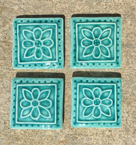 Ceramic Accent Tile Set of 4 Embroidered Clay Rosette 2x2