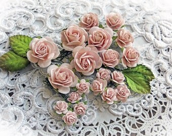 Reneabouquets Mini Roses And Leaves Flower Set-Mulberry Paper Flowers - Dusty Pink Set Of 24 Pieces In Organza Bag