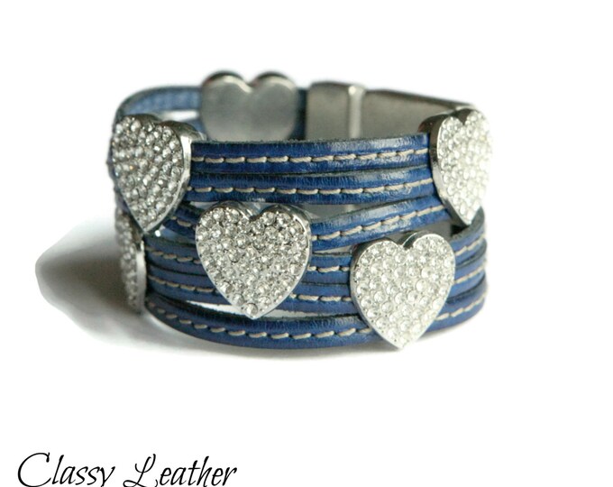 Women Bracelet,leather cuff,leather bracelet,Genuine Leather Chunky Cuff ,crystal bracelet,multi strand cuff,large cuff,gift,