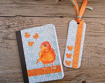 Watercolor Bird Mini Journal with Matching Bookmark, Pocket Notebook, Altered Composition Book, Blue and Orange, Bird and Butterflies