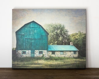 Blue Barn Canvas Art, Rustic Wall Decor, Farm Photography Canvas, Green Country Picture, Farmhouse Artwork, Livingroom Art Large Canvas Wrap