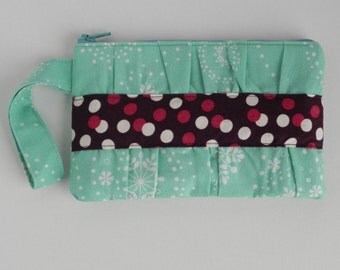 Teal and Cranberry Gathered Clutch (with wrist strap)