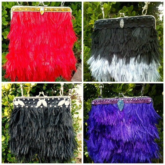 Ostrich Feather Purse, Clutch Purse,  Formal Purse, Shoulder Bag, Kiss Clasp Purse, Prom Accessories, Vintage Style Purse, Custom Made Bag