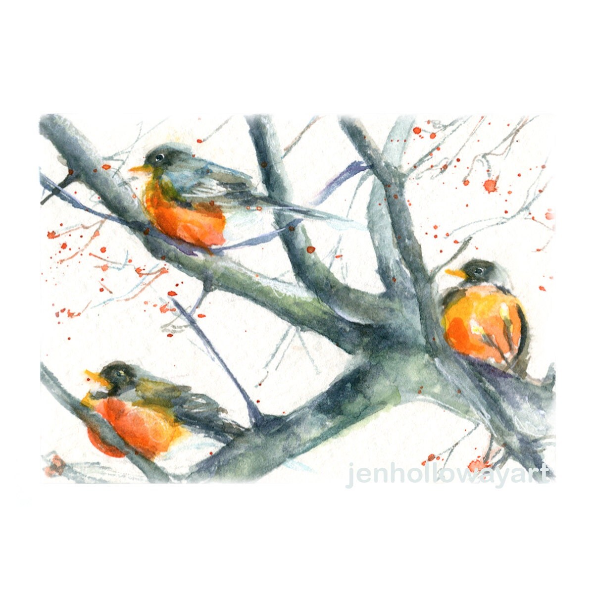 Watercolor Robins Bird Print Robins Print Bird Art Winter