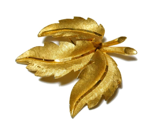 FREE SHIPPING BSK leaf brooch, figural leaf pin with veins, brushed gold with satin tone veins, gold plated, finely detailed