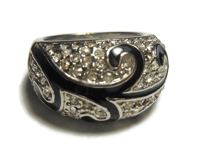 FREE SHIPPING Large rhinestone cocktail ring, black enamel swirls inside clear pave rhinestones, silver plated, size 9