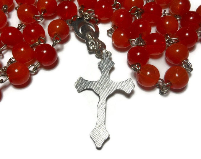 FREE SHIPPING Faux Carnelian Rosary, red orange painted glass beads, silver tone crucifix and Virgin Mary/Sacred Heart center piece