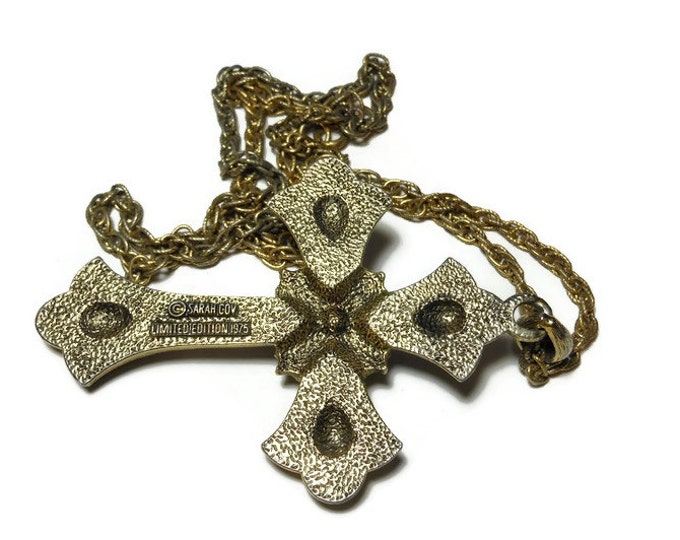 FREE SHIPPING Sarah Coventry cross pendant, Peace Cross, Limited Edition 1975, large antiqued gold, original chain, faux pearl center