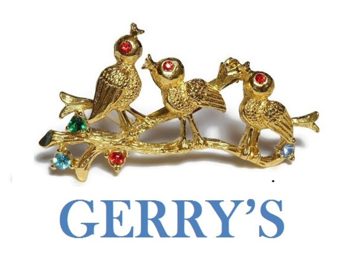 FREE SHIPPING Gerry's birds brooch, gold pin birds on a log, red rhinestone eyes, red green blue rhinestone flowers, figural floral brooch