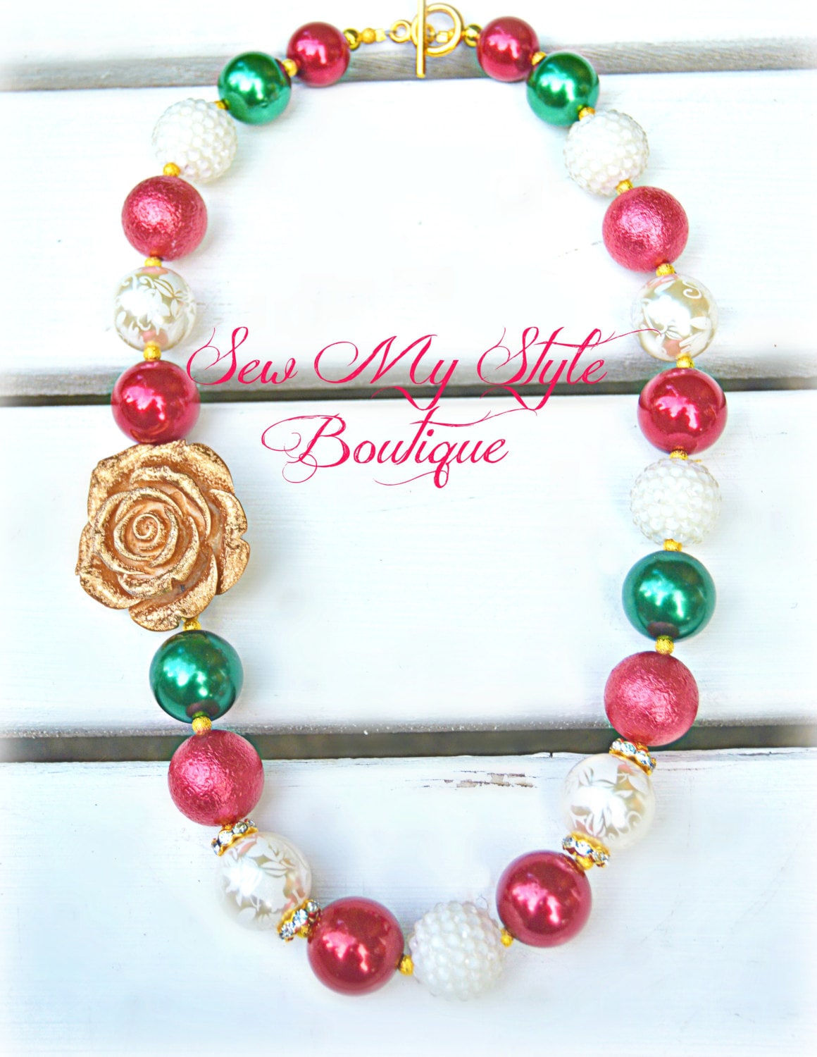 Christmas Chunky Bead Necklace/ Holiday Flower Rhinestone