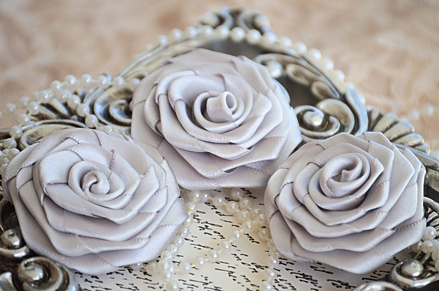 Set of 3 Satin Roses 2 Satin Rosettes Silver Satin