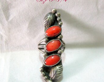 Navajo "SK" 1970's Mediterranean Coral Leaf 925 Ring SZ 6~3/4