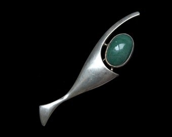 1950s Sigi Pineda Mexican sterling abstract modernist brooch with green aventurine