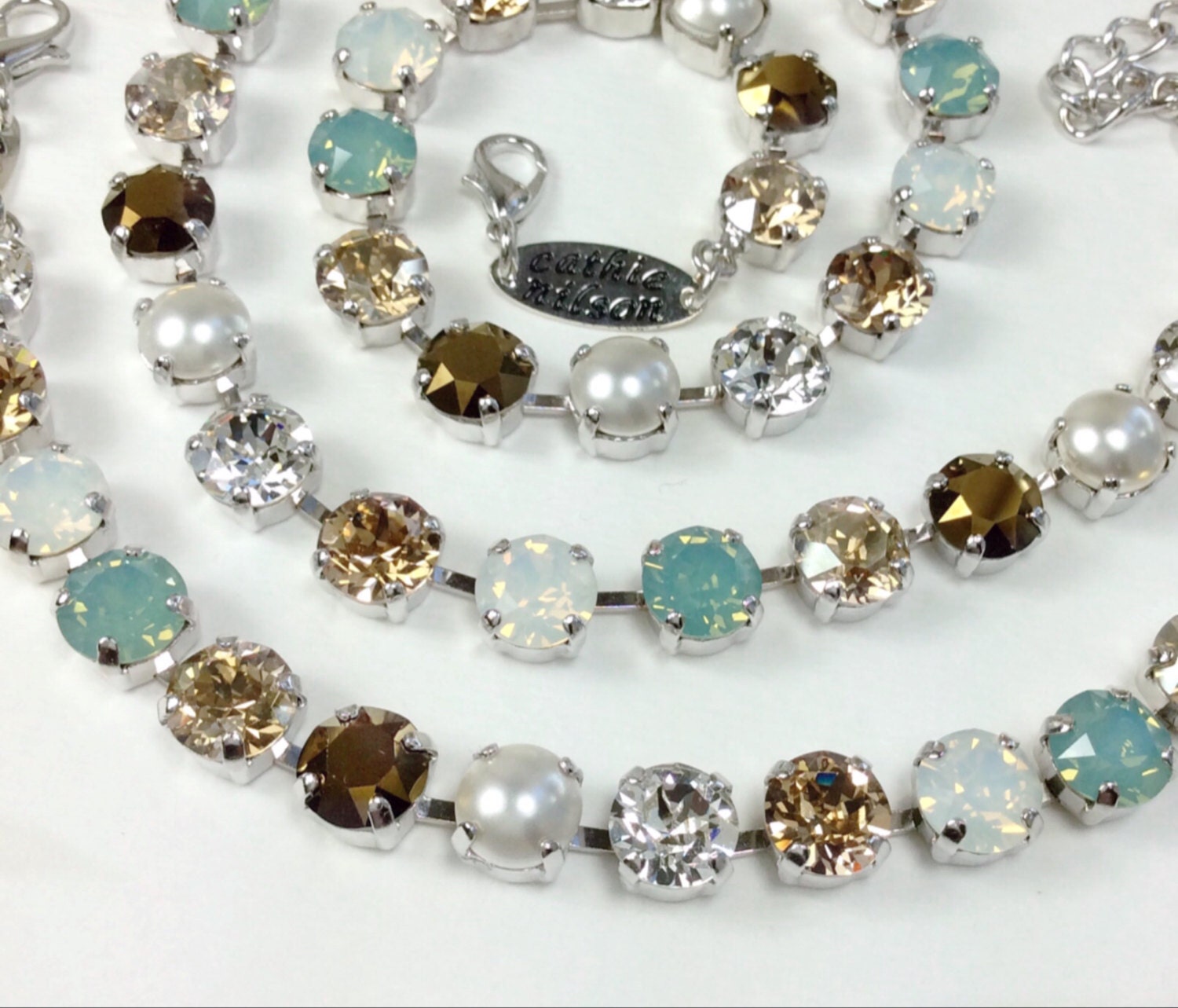 Swarovski Crystal 8.5mm Necklace & Bracelet - Designer Inspired- "Pacific Dream" - Pacific Opal, Creamy Pearls, Golden Hues - FREE SHIPPING