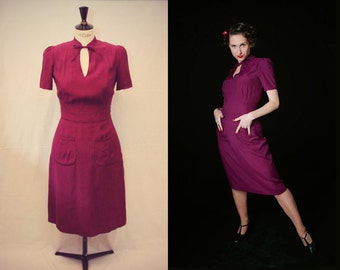 1940s dress/ purple dress/ mandarin collar/ 40s reproduction/ WW2
