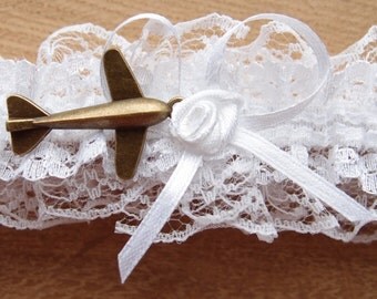 Plane wedding garter, white garter, aircraft pendant garter, bridal garters, toss garter, keepsake garter, elegant garter, garter with plane