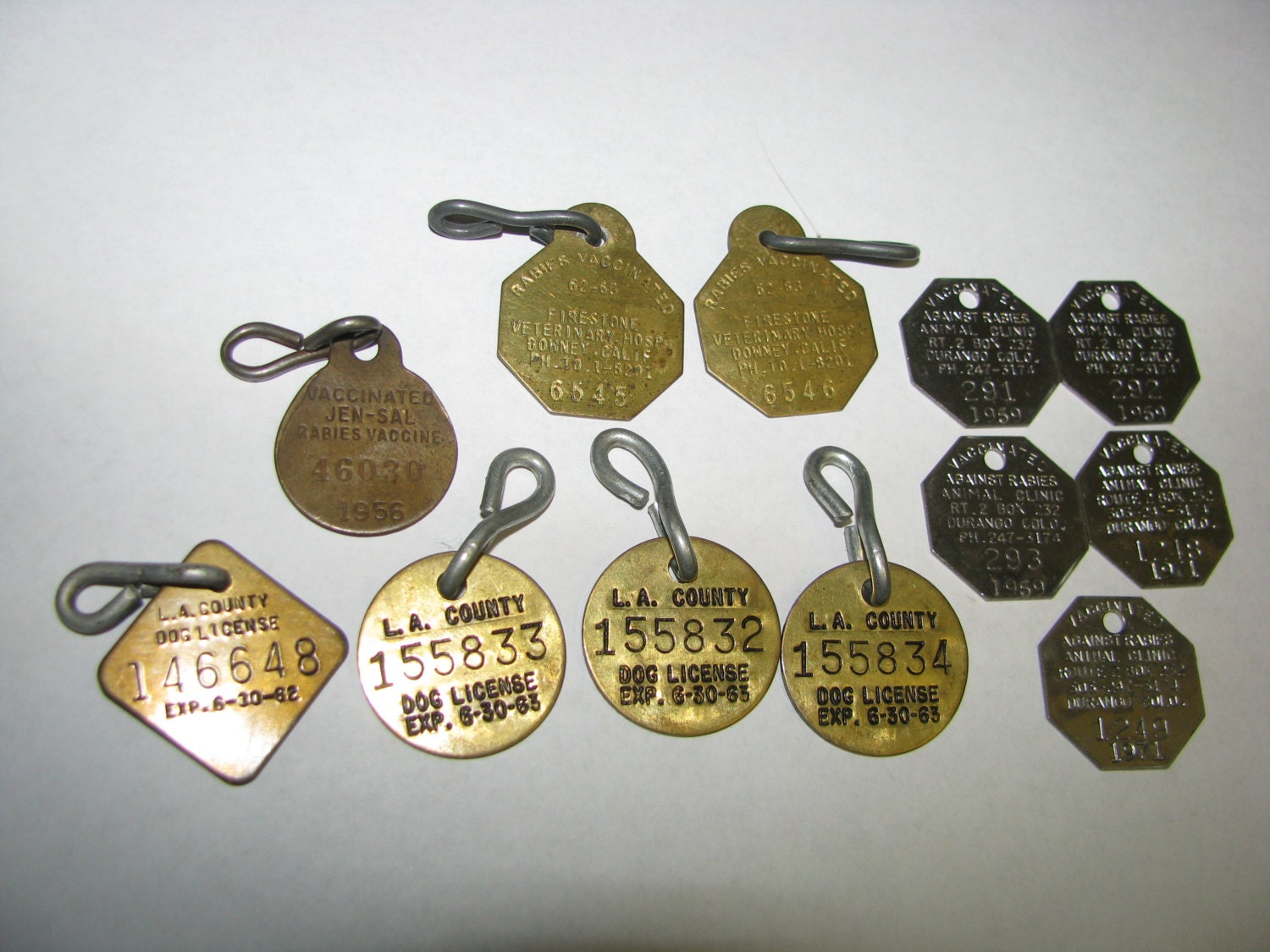 12 Vintage Dog License Tags Brass L.A. Los Angeles County 60s