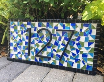 Outdoor House Number Sign, Mosaic Address Plaque, Green and Blue