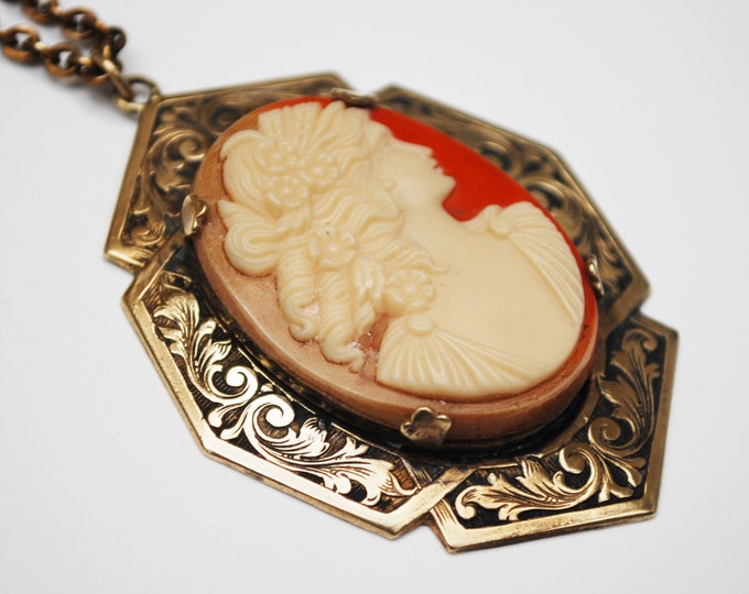 Cameo Necklace - cream white orange resin - women profile - Brass gold - Victorian Revival