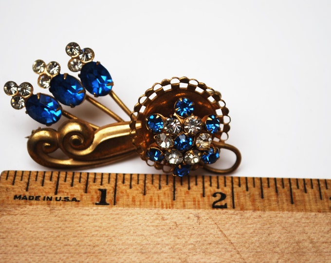 Blue Rhinestone flower Brooch - Gold Plated Floral -Mid century Pin