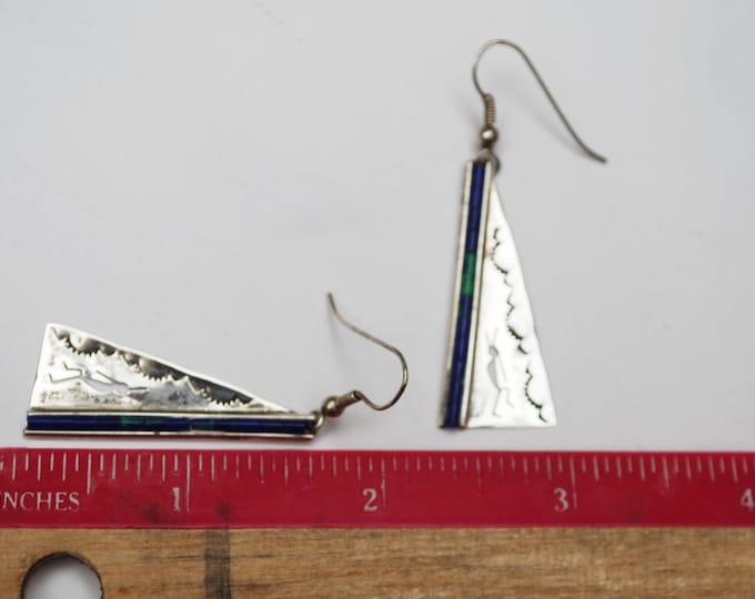 Azurite earrings - Sterling silver - tribal Triangle - dangle earrings - blue green gemstone