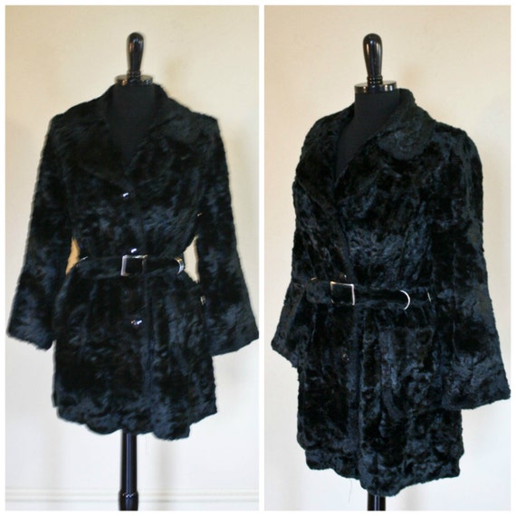 Vintage Black Crushed Velvet Jacket Belted Coat 60s 70s Rocker 0535