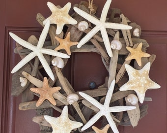 Beach Decor Starfish Driftwood Wreath - Starfish Wreath - Shell Wreath - Coastal Home Decor - Seashells - Christmas Wreath -Free US Shipping