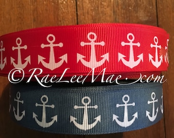 Red or blue anchors nautical ribbon 1" 25mm/ anchor ribbon/red or navy nautical hair bow ribbon/nautical theme baby shower/anchors ribbon