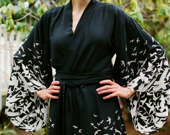 Gaia Awakens. One custom black "Noguchi" kimono robe in a very soft rayon fabric Dressing gown with pockets Long womens robe Gift for her