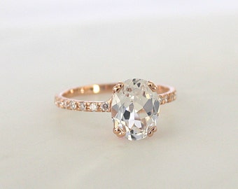 Oval White Sapphire Diamond Engagement Ring in 14K Rose Gold