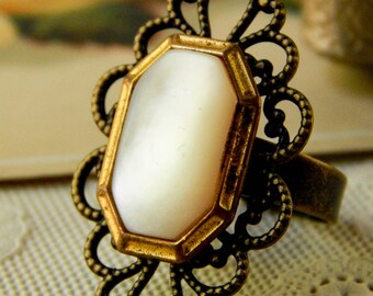 Vintage button ring / adjustable ring / button ring / repurposed jewelry / recycled ring / upcycled jewelry / pearl ring / vintage ring