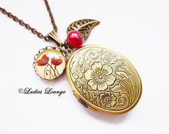 Memories - Flower Poppy nostalgic Medaillon Necklace,gifts for her