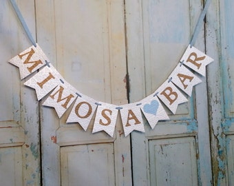 Mimosa Bar Banner with Heart, Cream, Baby Blue and Gold Banner, Wedding Shower Banner, Baby Boy Shower Decoration, Mimosa Bar Sign