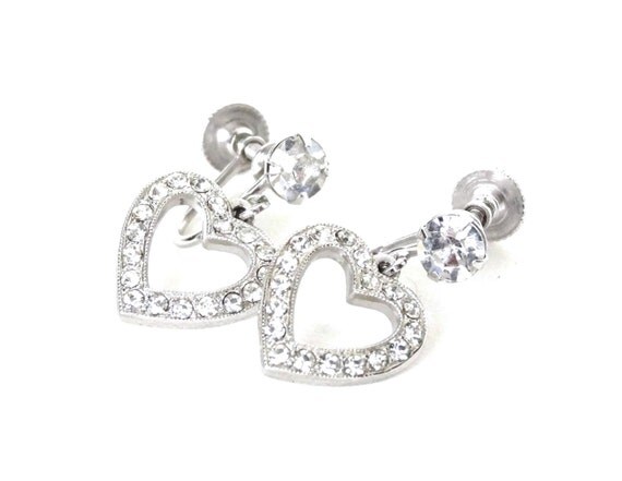 Items similar to Vintage WEISS Rhinestone Heart Earrings Dangling ...