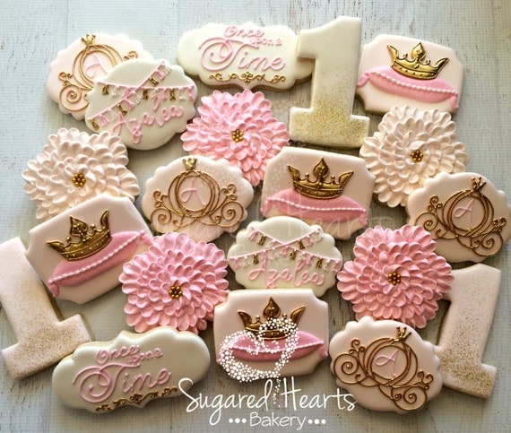 Princess Pink and Gold Birthday Cookies - 1 Dozen Il_570xn