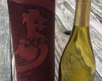 Wine Quiver / Tote Hand Tooled Leather in Mahogany and Brown - COQ AU VIN