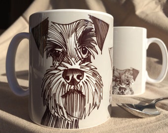 Schnauzer Mug. Contemporary illustration of three schnauzers in grey on a mug. By Bethany Moore