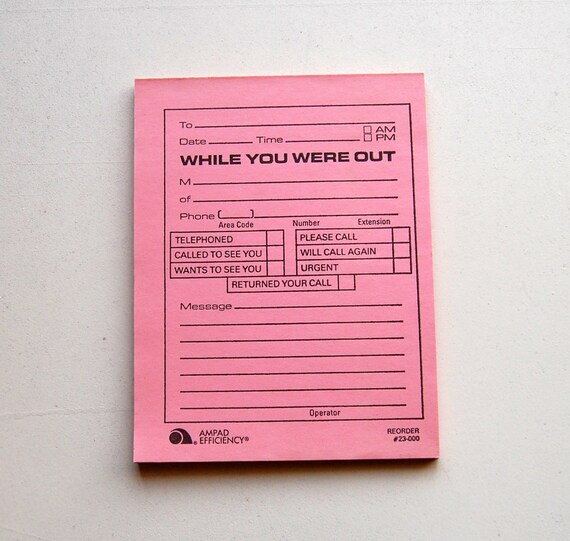 While You Were Out...Vintage Note Pad Pink Paper