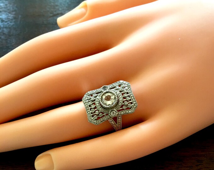 Art Deco Sterling Ring, Crystal Pave Diamond, Openwork Front, Size 7, Engagement Ring