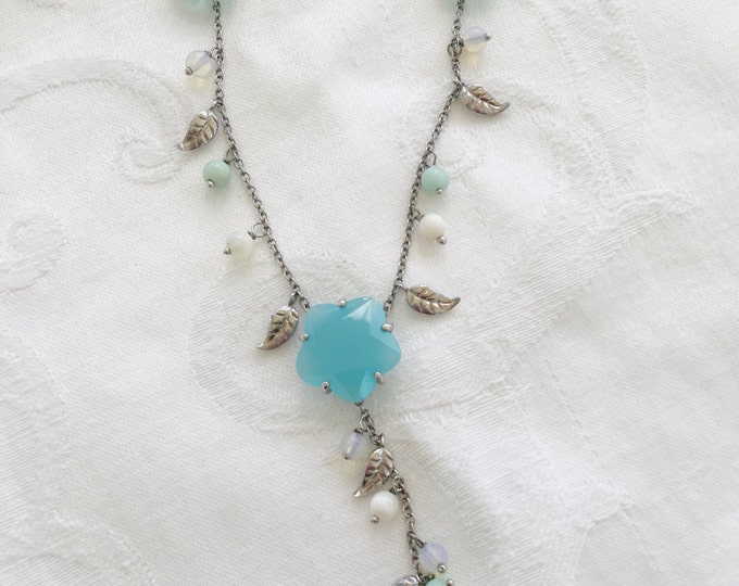 Chalcedony Necklace, Moonstone Aquamarine, Glass Stones, Beach Wedding Bride