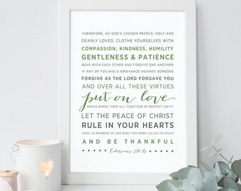 Colossians 3:12-15 - Bible Verse Art - Scripture Print - Christian Giclee Print - Typographic Wall Art - Bible Verse Typography