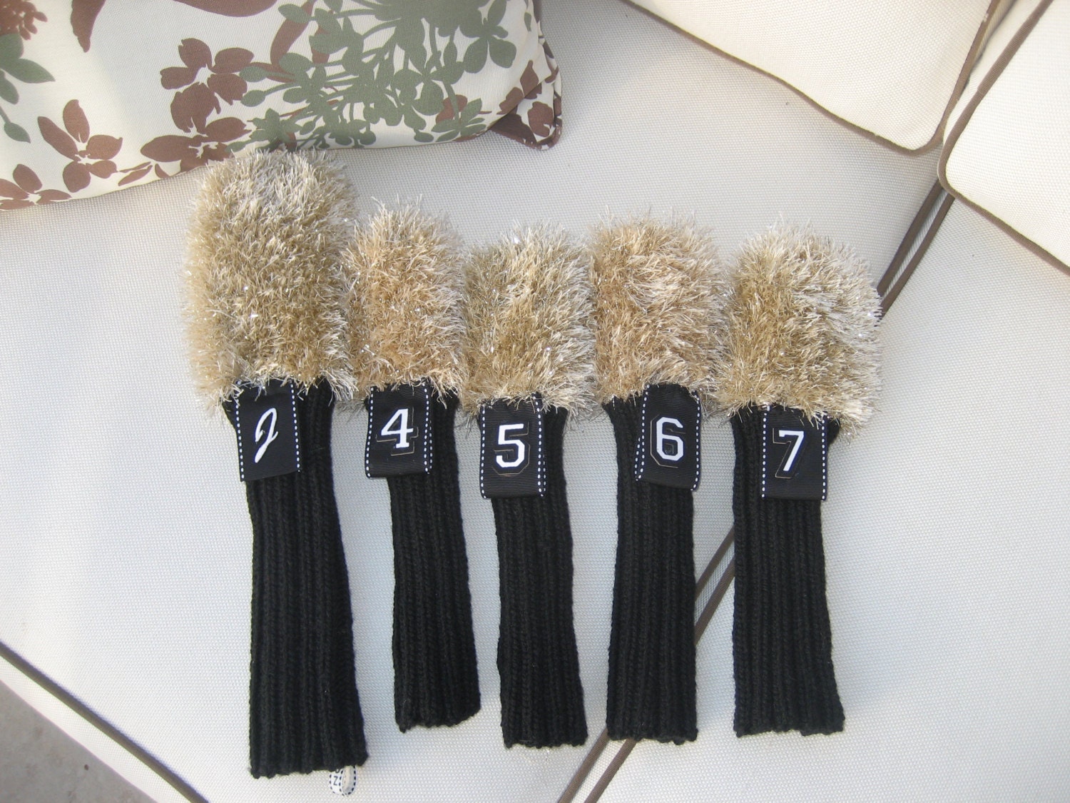 Stylish Golf Club Covers hand knit in glimmer and furry yarns