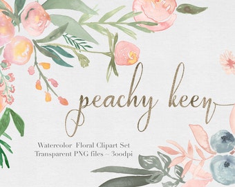 Watercolor Flowers Clipart Files - High Res Transparent PNG - Peachy Keen Hand Painted Digital Scrapbook elements - Instant download