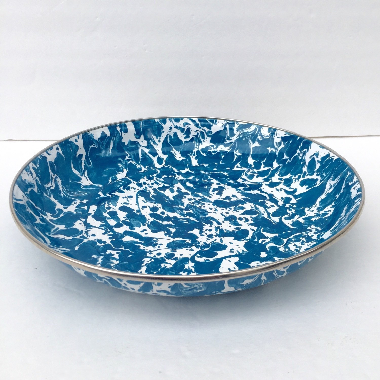 Vintage Blue and White Speckled Enamel Serving Bowl Platter