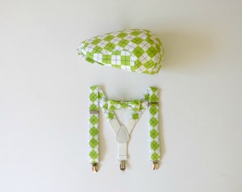 Toddler boy flat cap and suspender set, lime green argyle boys hat, bow tie and suspenders, toddler boys Easter outfit - made to order