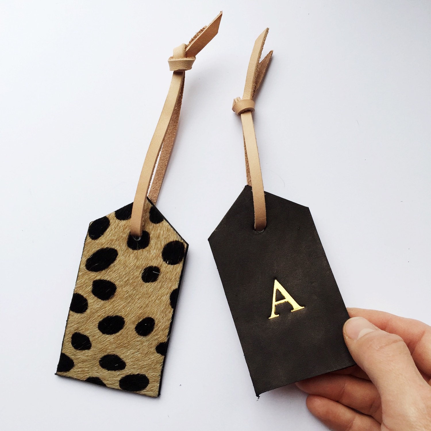 Cheetah Print Hair on Hide Luggage Tag Calf Hair Leather